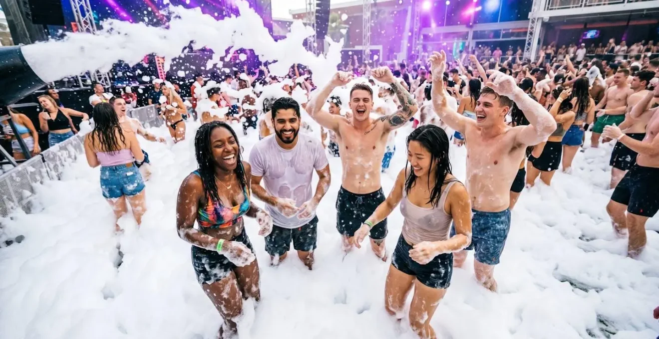 Junge Leute tanzen lachend in einer großen Schaumwolke bei der Schaumparty in Lloret de Mar.