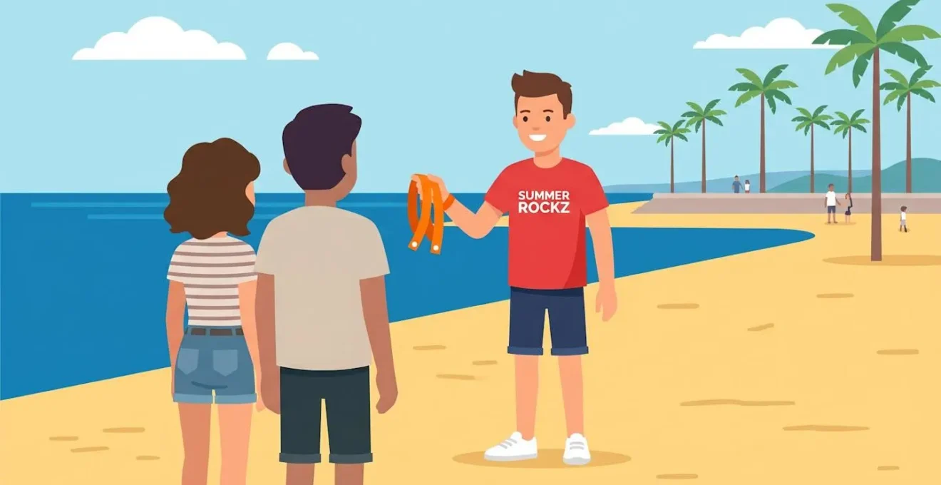 Ein Promoter übergibt zwei bunte Wristbands am Strand von Lloret de Mar.